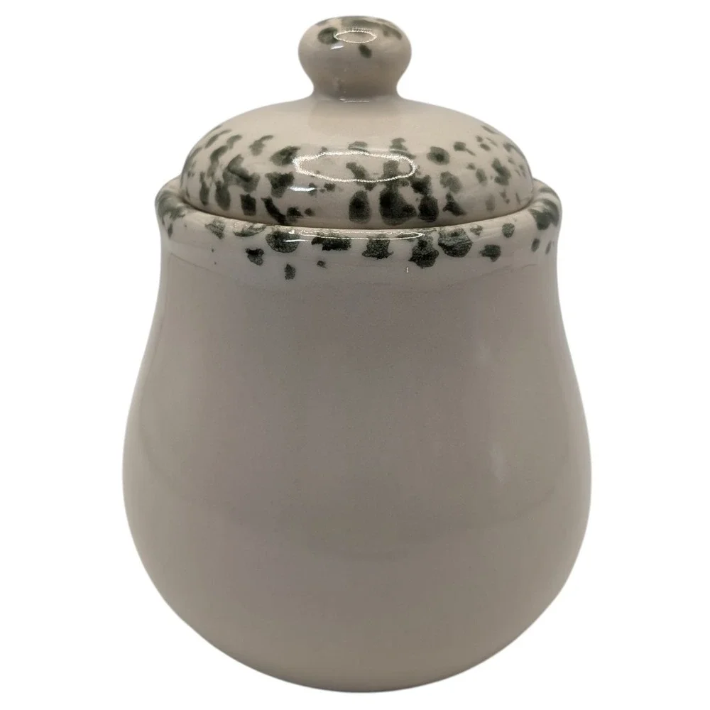 Vintage Sugar Bowl‎ with Lid We Can Build a Snowman Green Sponge Painting SEE